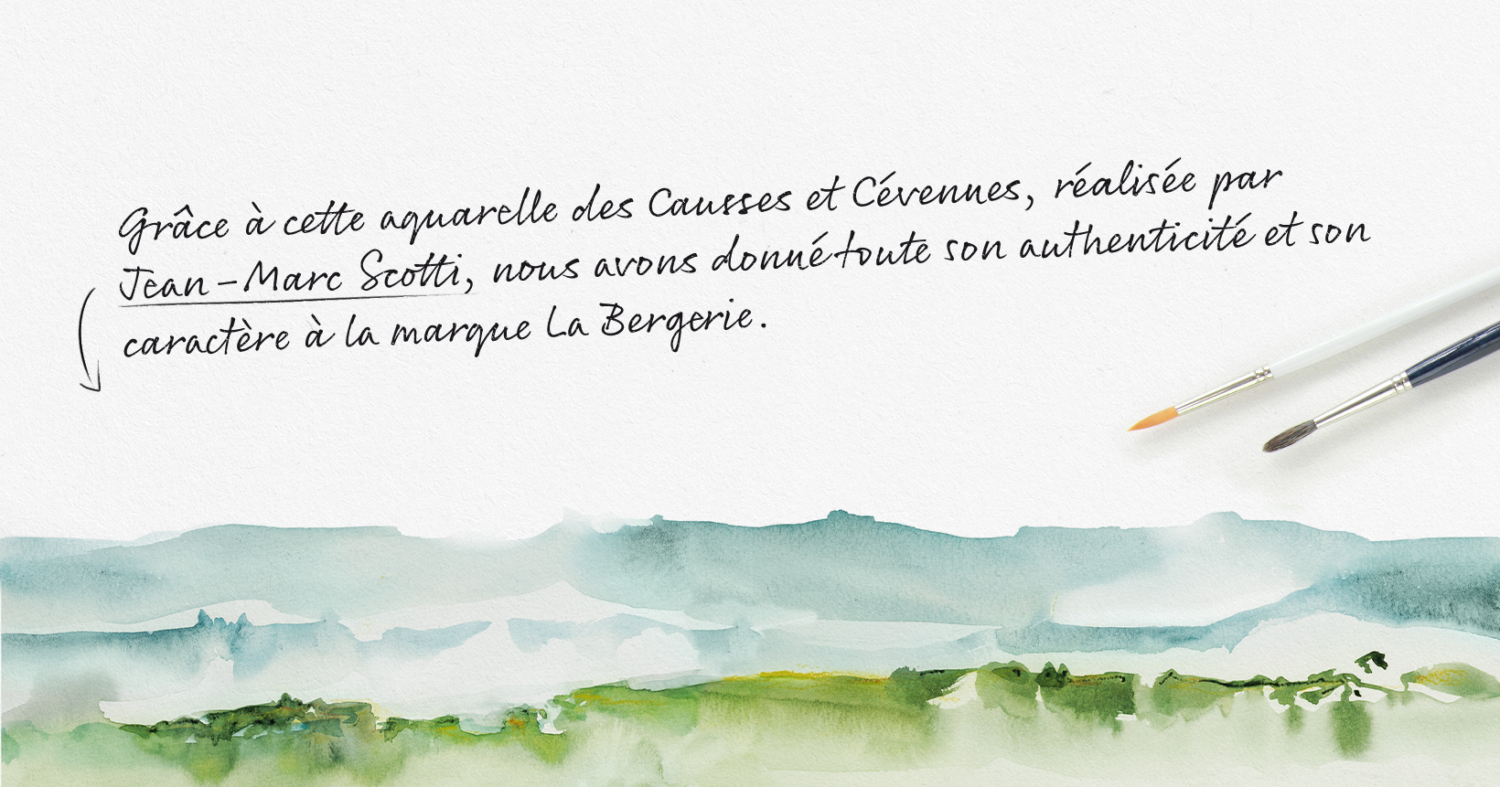 Paysage en aquarelle La Bergerie, texte explicatif et deux pinceaux