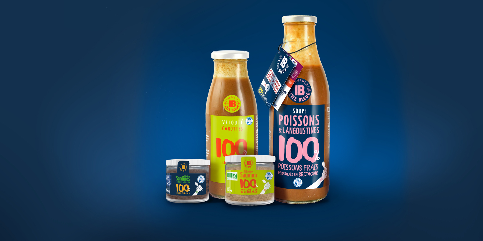 Gamme de packagings L’ile Bleue, bouteilles et pots en verre de rillettes, sur fond bleu foncé